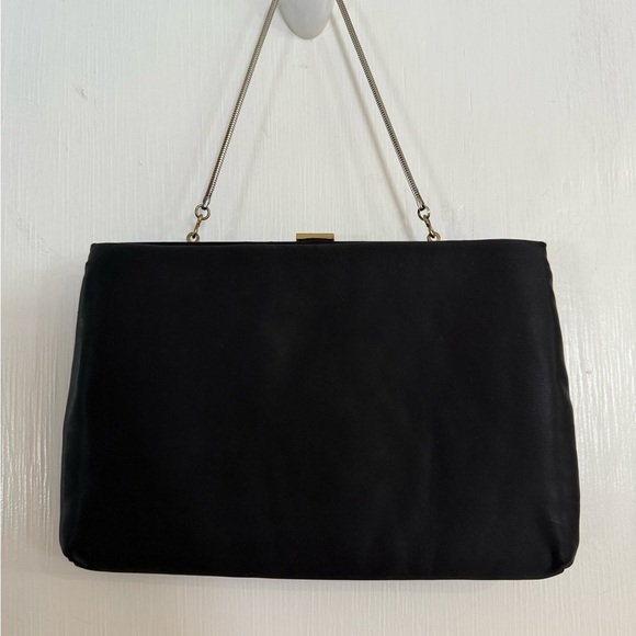 Vintage 1950s Ingber Black Satin Evening Bag w/ Rhinestone Rose Clasp - Picture 2 of 8